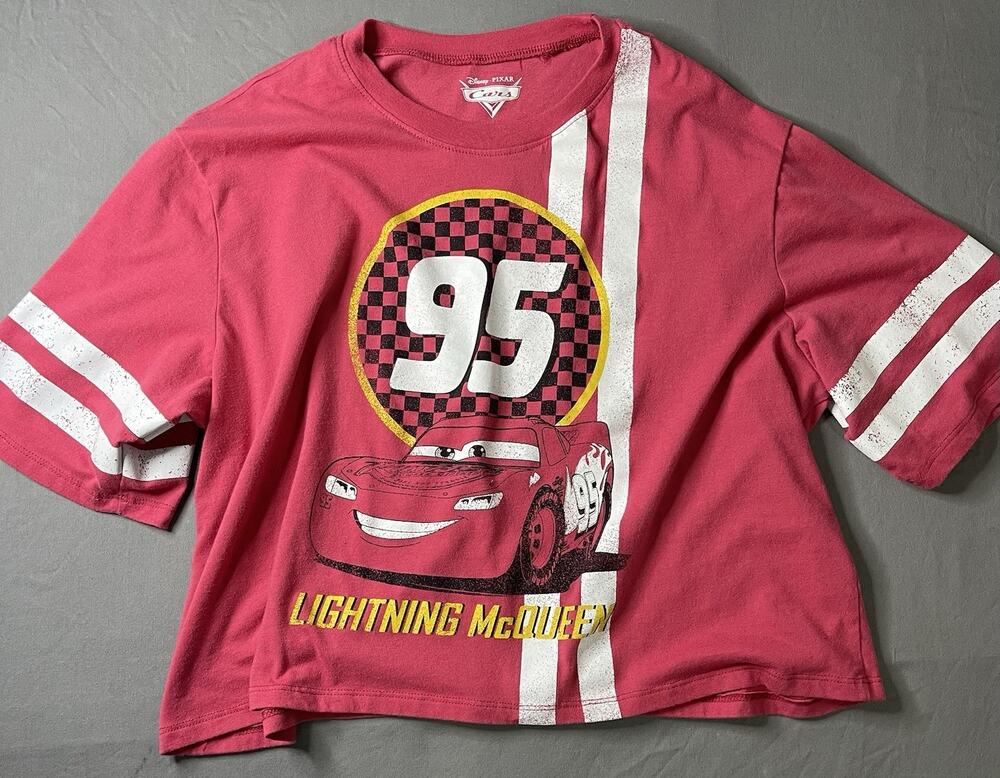 Disney Pixar Cars Lightning McQueen Crop Jersey Shirt Womens L Jerry Leigh